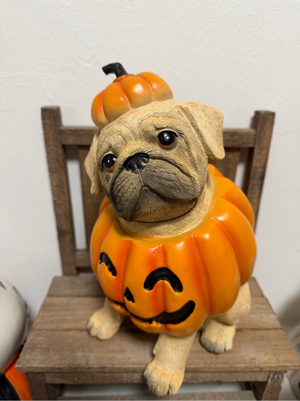 Halloween Pug in a pumpkin outfit statue Halloween dog lovers Ghoulish